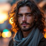 Homme aux longs cheveux bouclés coiffés d'une écharpe et maintenus par des pinces, debout dans une rue urbaine au coucher du soleil, lumière chaude et douce, arrière-plan urbain flou.