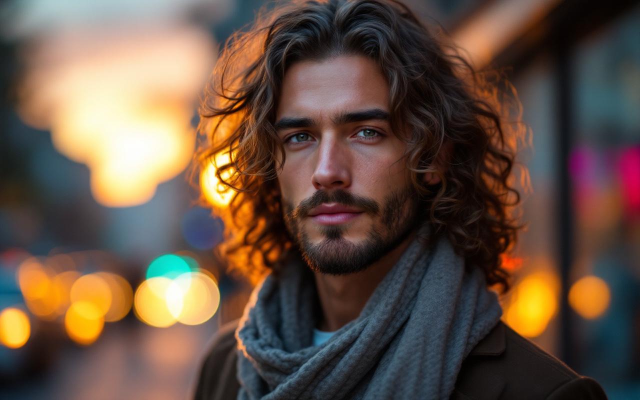 Homme aux longs cheveux bouclés coiffés d'une écharpe et maintenus par des pinces, debout dans une rue urbaine au coucher du soleil, lumière chaude et douce, arrière-plan urbain flou.