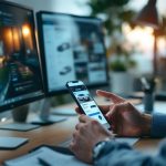 AutoScout24 ou LeBonCoin : quelle plateforme choisir pour sa prochaine auto ? Deux acheteurs comparent des annonces de voitures d’occasion sur un ordinateur et un smartphone, sur un bureau moderne, avec une ambiance de magazine automobile réaliste.