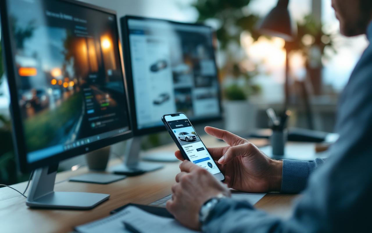 Deux acheteurs comparent des annonces de voitures d’occasion sur un ordinateur et un smartphone, sur un bureau moderne, avec une ambiance de magazine automobile réaliste.