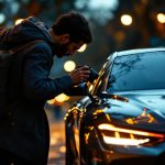 Un créateur automobile au style premium se tient près d’une voiture de luxe, avec une ambiance éditoriale et une lumière cinématographique, dans un décor urbain au crépuscule.