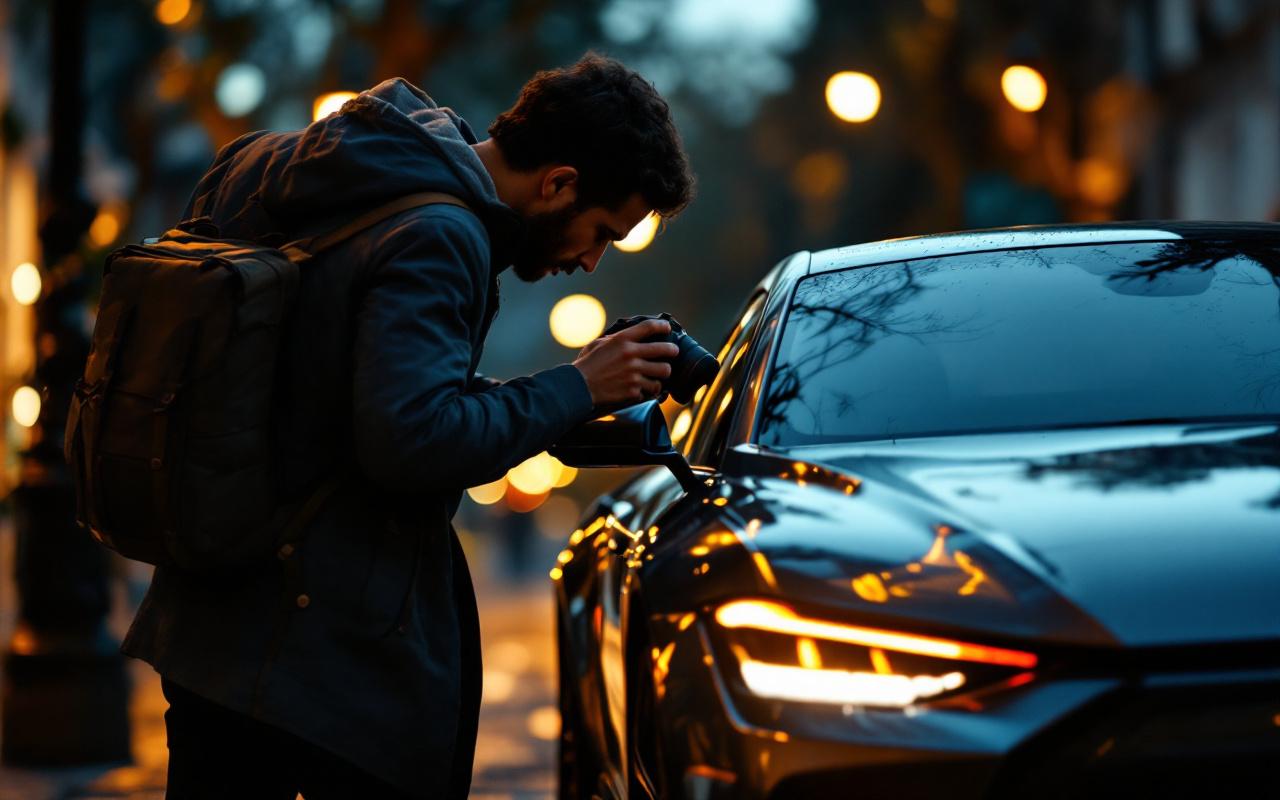 Un créateur automobile au style premium se tient près d’une voiture de luxe, avec une ambiance éditoriale et une lumière cinématographique, dans un décor urbain au crépuscule.