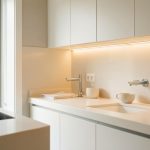 Équipements confort eau maison : 8 solutions utiles au quotidien Cuisine et salle de bain modernes, lumineuses, montrant des équipements d’eau domestique et une ambiance chaleureuse et confortable, avec surfaces propres et lumière naturelle.