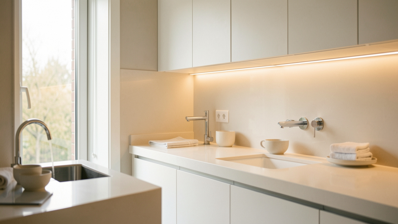 Cuisine et salle de bain modernes, lumineuses, montrant des équipements d’eau domestique et une ambiance chaleureuse et confortable, avec surfaces propres et lumière naturelle.