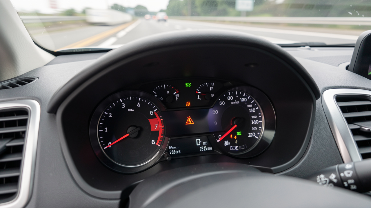Gros plan sur le tableau de bord d’une voiture avec un voyant d’alerte lumineux, ambiance réaliste de conduite quotidienne et route légèrement floue à l’arrière-plan.