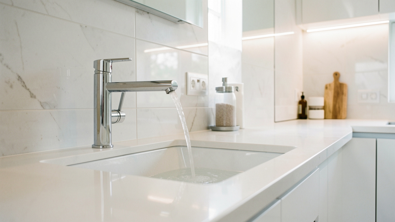 Cuisine et salle de bain modernes, un robinet laisse couler une eau claire, éclairage lumineux et ambiance domestique, surfaces blanches et métal brillants.