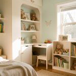 Comment amenager une petite chambre d'enfant sans perdre en confort Petite chambre d’enfant lumineuse avec mobilier compact, rangements malins intégrés, et une ambiance douce et chaleureuse.
