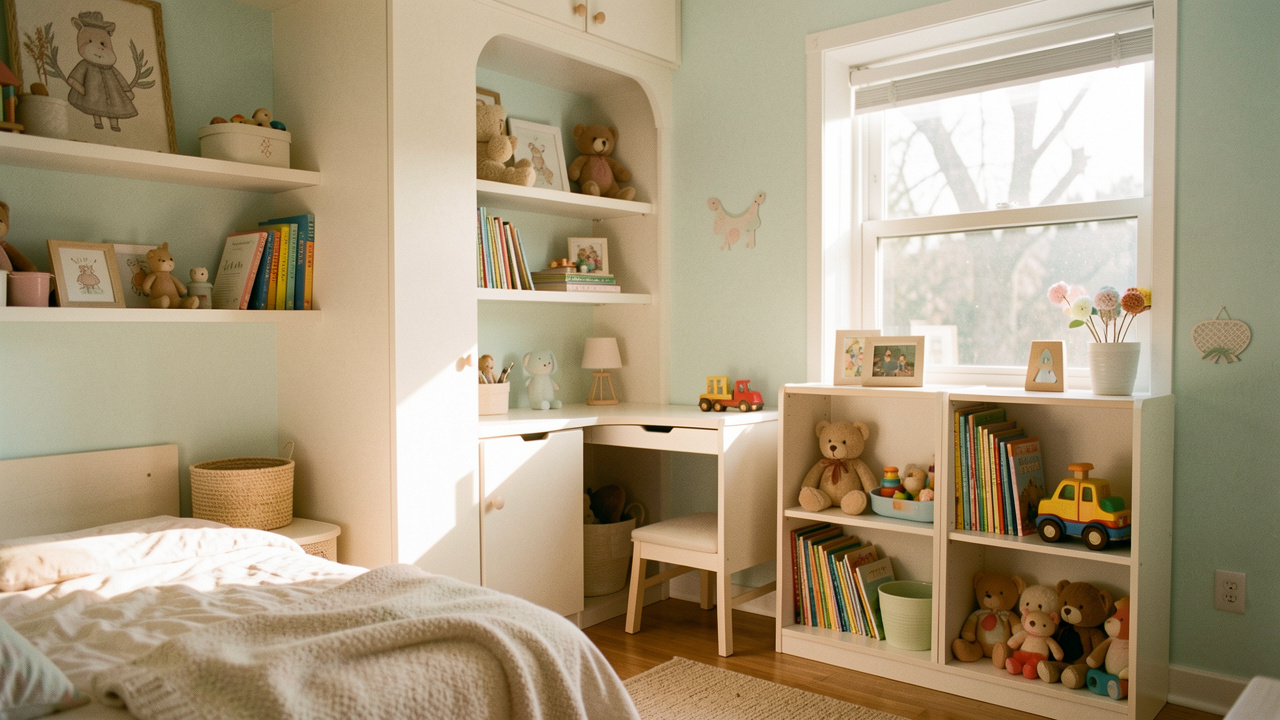 Petite chambre d’enfant lumineuse avec mobilier compact, rangements malins intégrés, et une ambiance douce et chaleureuse.