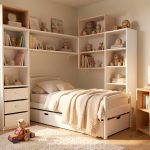 Aménagement chambre enfant petit espace : 7 meubles essentiels Petite chambre d’enfant lumineuse avec meubles compacts, rangements intégrés malins, lit douillet et coin jeu bien organisé, ambiance chaleureuse avec lumière naturelle.