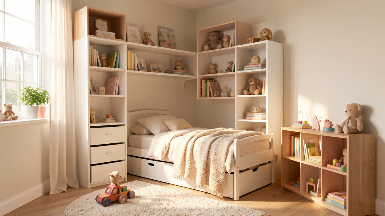 Petite chambre d’enfant lumineuse avec meubles compacts, rangements intégrés malins, lit douillet et coin jeu bien organisé, ambiance chaleureuse avec lumière naturelle.