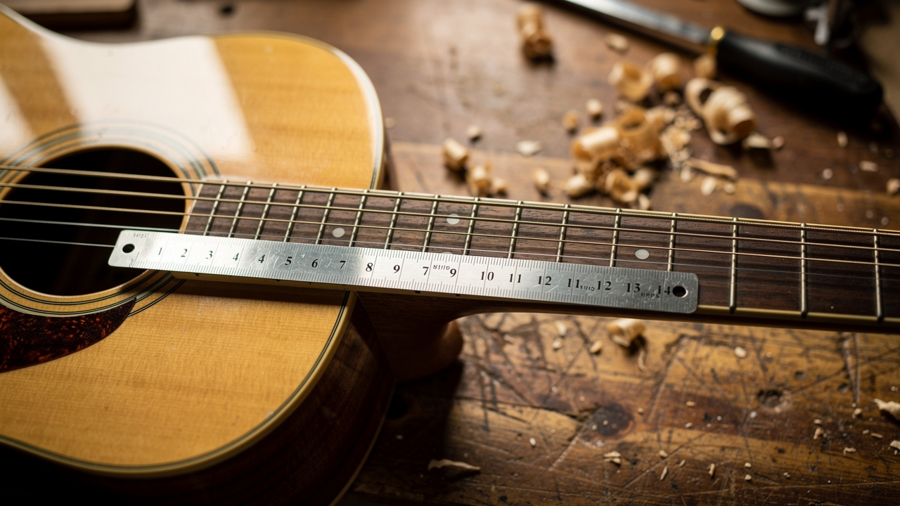 Gros plan d’une guitare acoustique en bois posée sur l’établi d’un luthier, avec des cordes neuves et une règle près de la douzième frette.