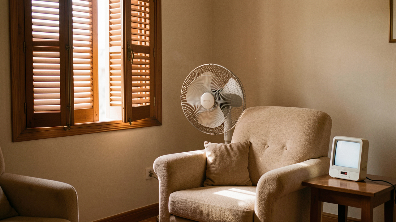 Intérieur apaisant d’un appartement pendant une canicule, avec volets fermés, ventilateur sur pied et thermomètre-hygromètre près d’un fauteuil.