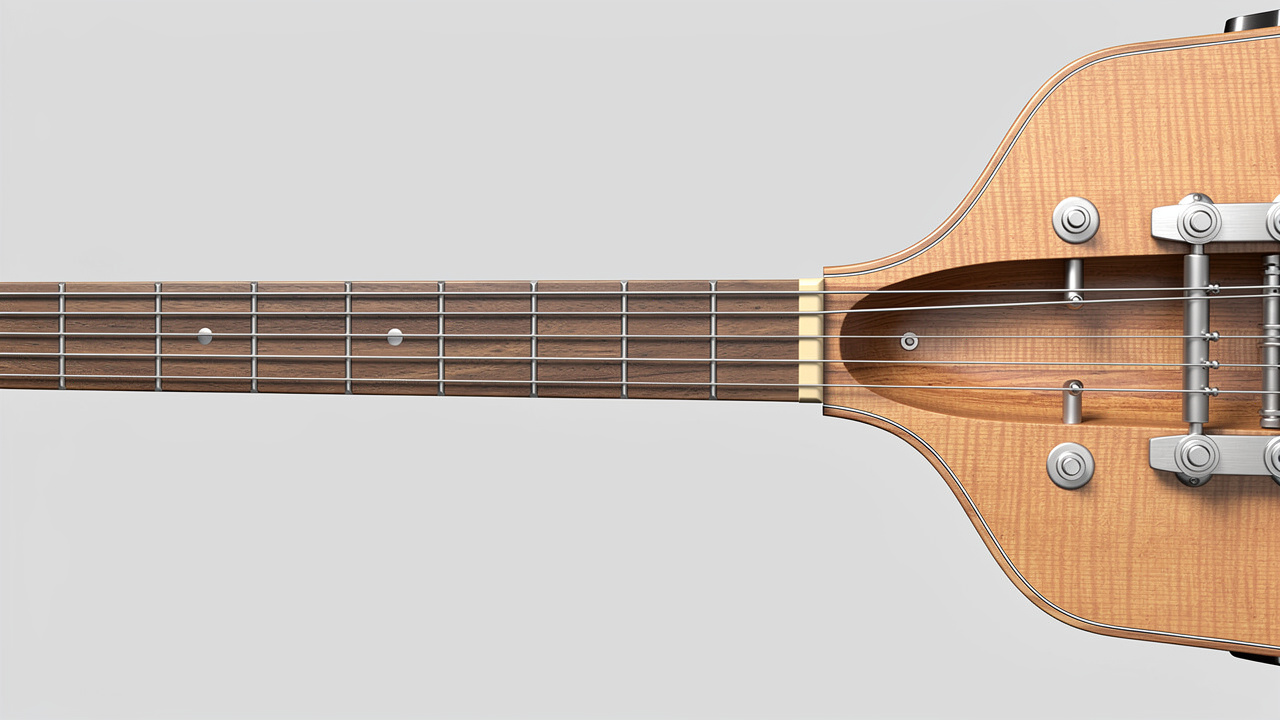 Illustration réaliste d’un manche de guitare vu de profil, montrant le relief de la touche, la hauteur des cordes, les frettes et le chevalet.
