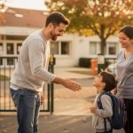 Parents actifs à Saint-Sébastien-sur-Loire : comment organiser sereinement la garde d’enfants à domicile ? Un père retrouve son jeune enfant devant une école de Saint-Sébastien-sur-Loire, tandis qu’une nounou souriante se tient à proximité.