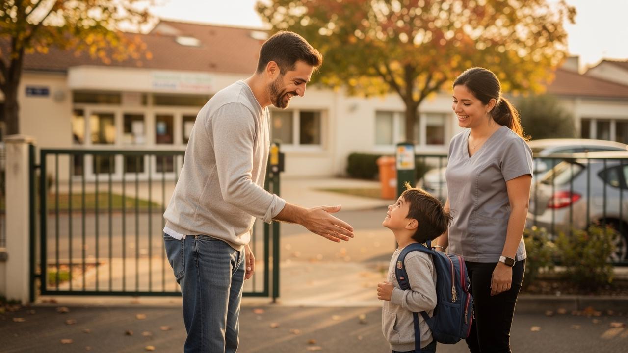 Un père retrouve son jeune enfant devant une école de Saint-Sébastien-sur-Loire, tandis qu’une nounou souriante se tient à proximité.
