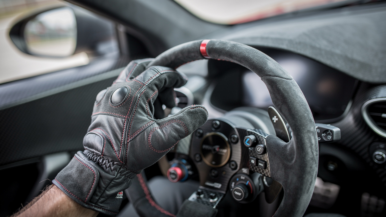 Gros plan réaliste sur les gants ignifugés d’un pilote automobile tenant le volant dans l’habitacle d’une voiture de course, avec une ambiance sobre de paddock.
