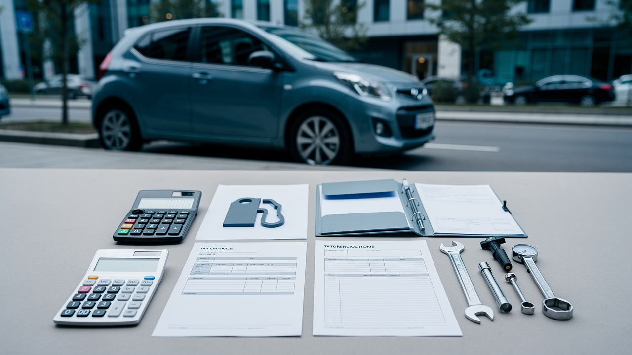 Documents vierges et calculatrice disposés près d’une voiture compacte garée dans une rue moderne en ville.