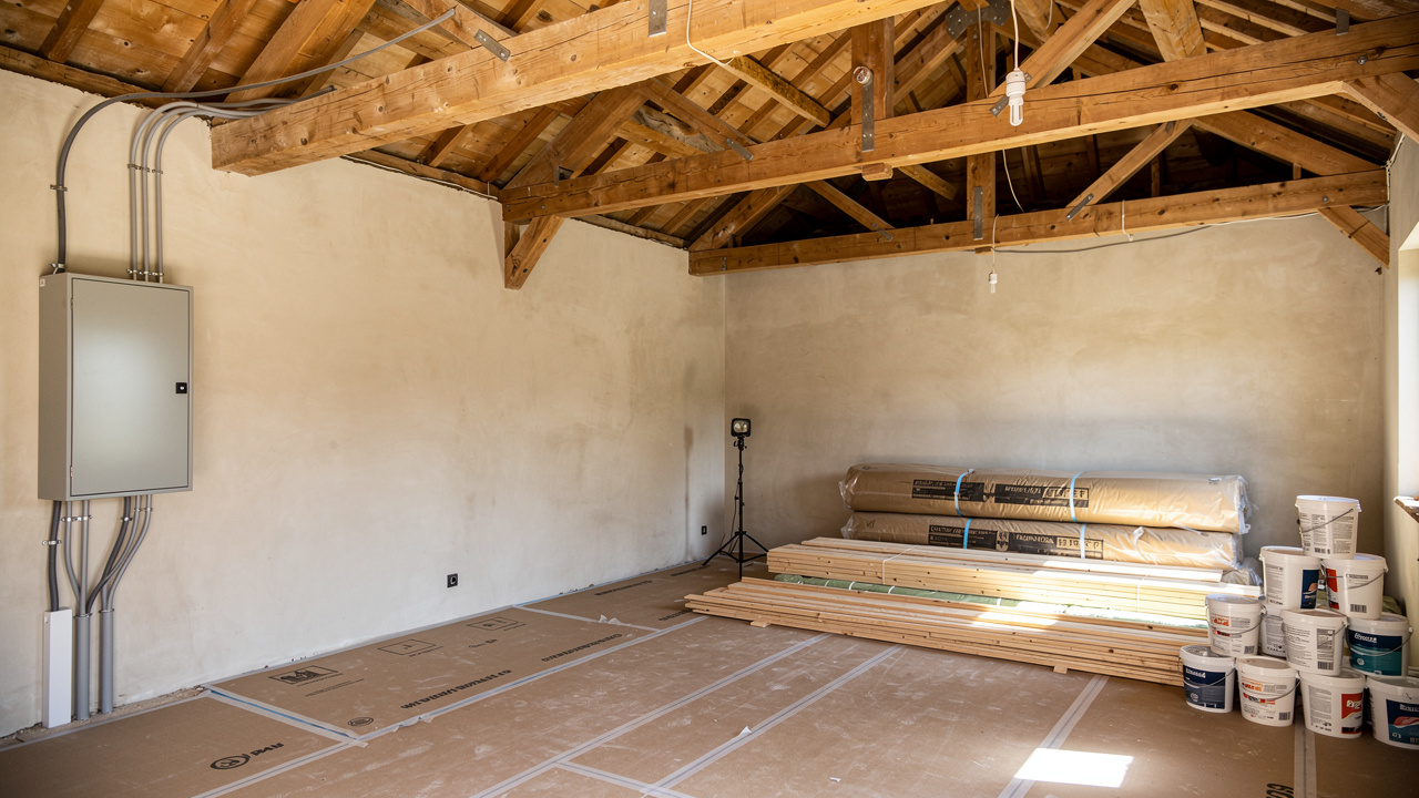 Vue intérieure d’une maison ancienne en rénovation, avec charpente contrôlée, tableau électrique sécurisé et murs asséchés avant la pose de l’isolation.