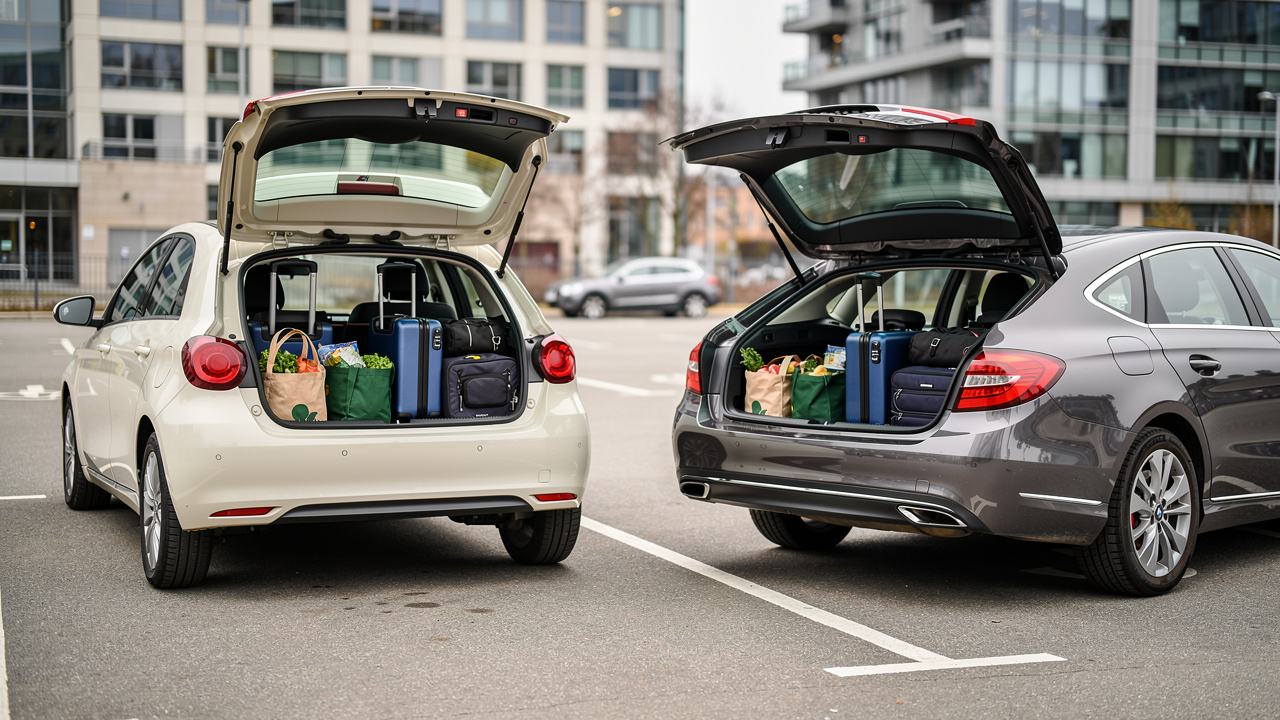 Deux voitures, une petite citadine et une berline compacte, sont garées côte à côte avec leurs coffres ouverts contenant des sacs de courses et des valises, sur un parking urbain.