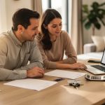 Comment établir son budget auto selon son salaire sans se surendetter ? Un homme et une femme calculent ensemble un budget automobile devant un ordinateur, avec des documents vierges, une calculatrice et des clés de voiture sur la table.