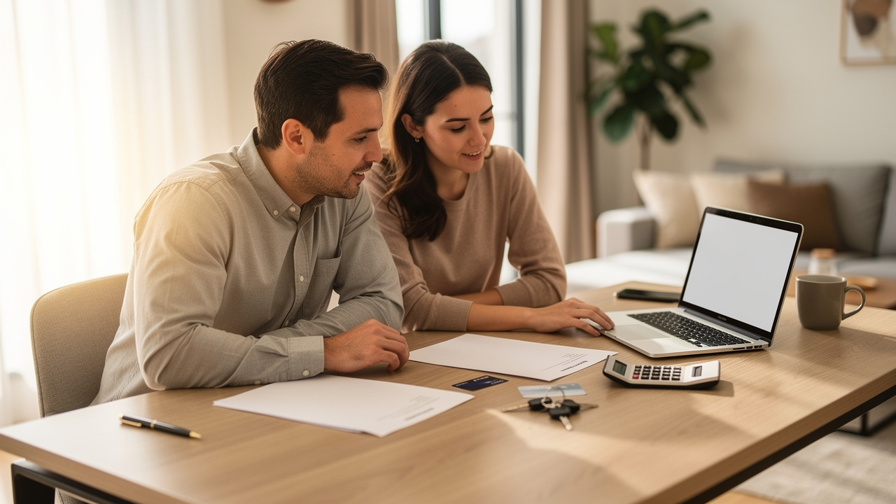 Un homme et une femme calculent ensemble un budget automobile devant un ordinateur, avec des documents vierges, une calculatrice et des clés de voiture sur la table.