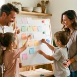 Services aux familles à Saint-Sébastien-sur-Loire : 7 solutions utiles Une famille souriante organise son planning hebdomadaire avec des cartes vierges dans une cuisine lumineuse et chaleureuse.