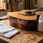Entretien guitare : les gestes essentiels pour préserver son jeu Guitare acoustique posée sur un établi en bois avec un chiffon doux et des produits d’entretien sans étiquette, éclairée par une lumière naturelle.