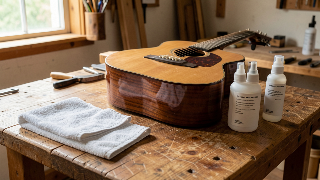Guitare acoustique posée sur un établi en bois avec un chiffon doux et des produits d’entretien sans étiquette, éclairée par une lumière naturelle.
