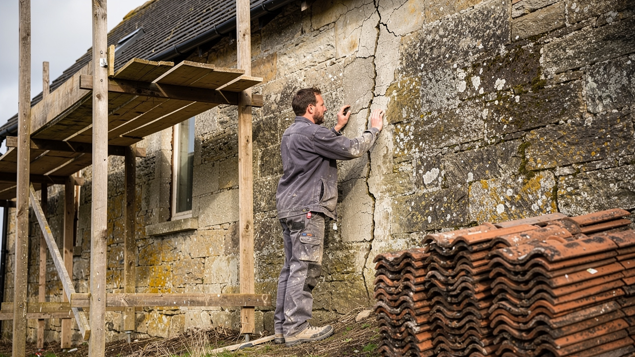 Maison ancienne en rénovation avec échafaudage, tuiles déposées et artisan inspectant les fissures de la façade à la lumière naturelle.