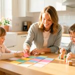 Concilier travail et famille à Saint-Sébastien-sur-Loire Des parents souriants organisent un planning familial sans texte dans une cuisine lumineuse, tandis que leurs deux enfants jouent à proximité.