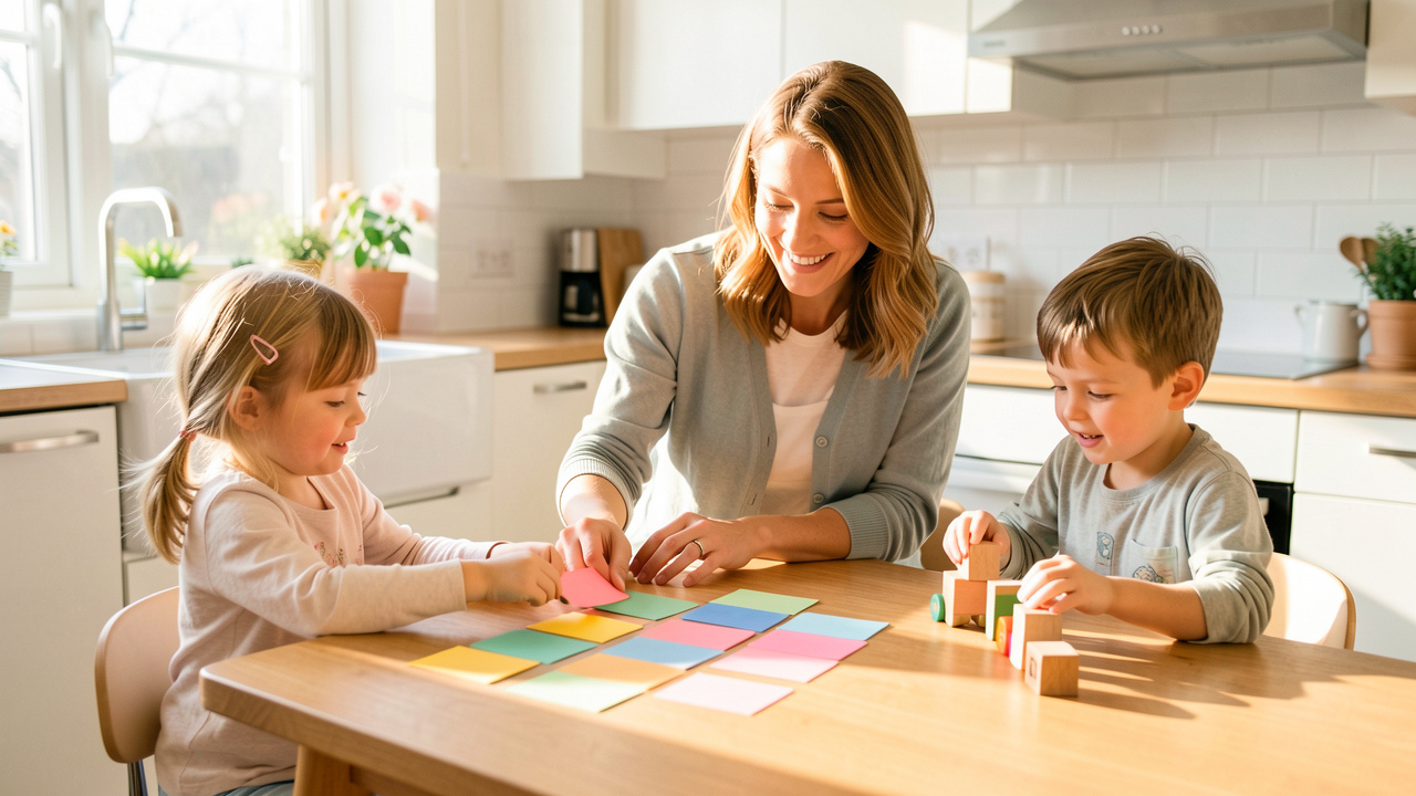 Des parents souriants organisent un planning familial sans texte dans une cuisine lumineuse, tandis que leurs deux enfants jouent à proximité.
