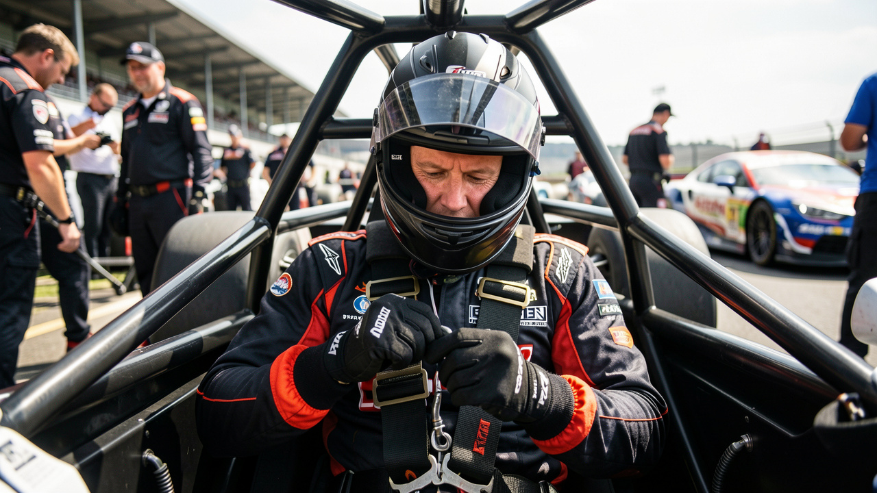 Un pilote automobile portant un casque et une combinaison de course, assis dans une voiture de compétition avec un harnais visible dans un paddock.