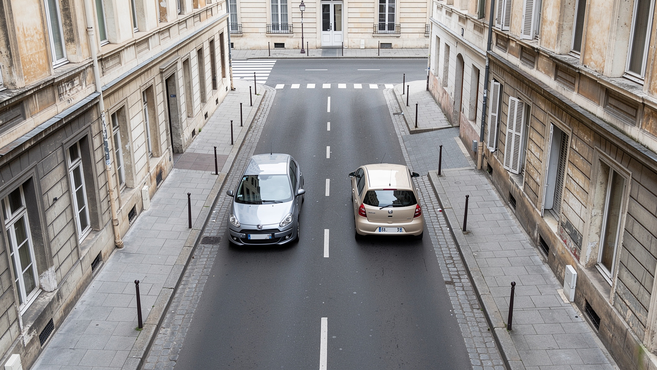 Vue réaliste en hauteur d'une citadine et d'une voiture compacte garées dans une rue urbaine européenne étroite, avec des marquages au sol visibles et une lumière naturelle.