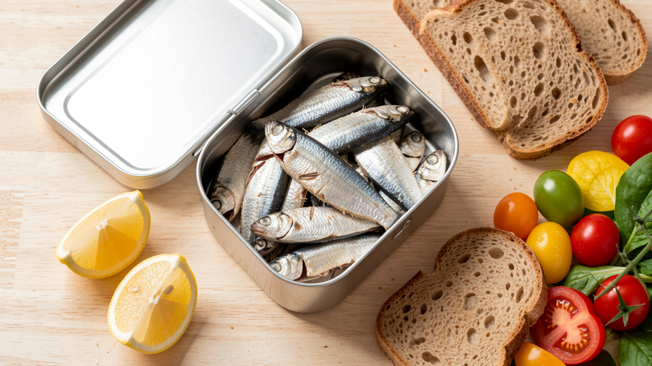 Boîte ouverte de sardines entières avec arêtes, accompagnée de quartiers de citron, de pain complet et de légumes frais sur une table claire.