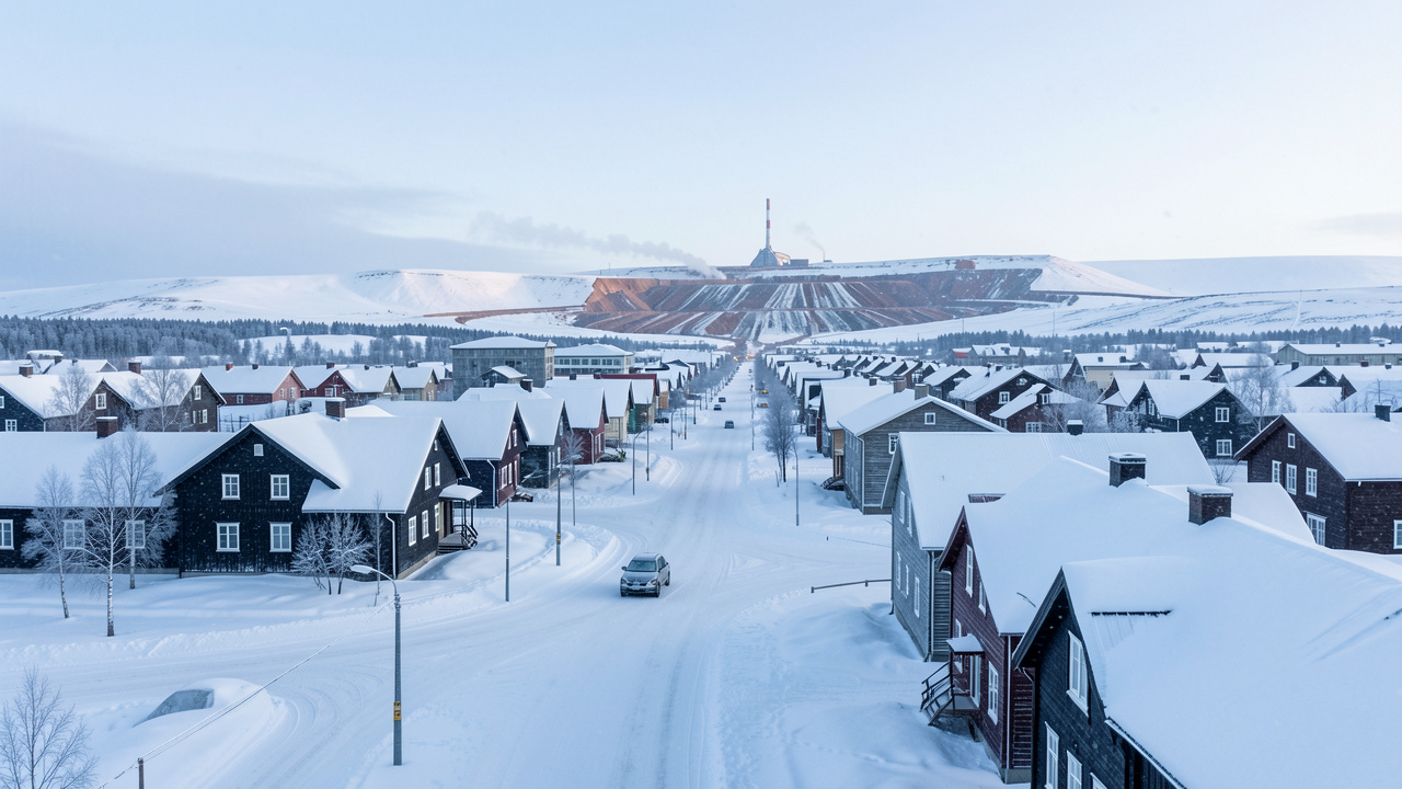 Vue panoramique hivernale réaliste de Kiruna en Laponie suédoise, avec un ancien quartier enneigé et une mine de fer visible au loin sous une lumière arctique froide.