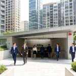 Vue urbaine réaliste d'une nouvelle gare métropolitaine, avec des hommes et des femmes sortant du métro le matin, entourés d'une place paysagée et d'immeubles contemporains de bureaux et de logements.