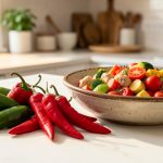 Quels piments choisir pour manger pimenté et vivre plus longtemps ? Plusieurs piments frais verts et rouges disposés près d’un plat de légumes méditerranéens dans une cuisine lumineuse.