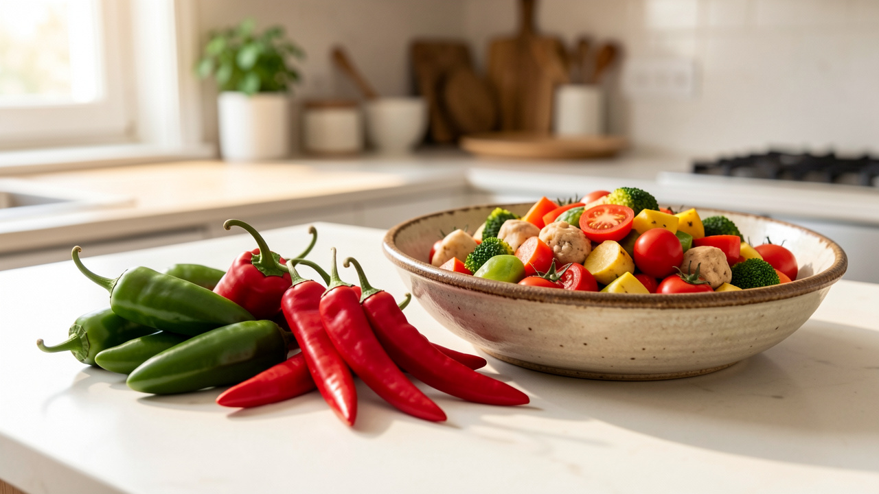 Plusieurs piments frais verts et rouges disposés près d’un plat de légumes méditerranéens dans une cuisine lumineuse.
