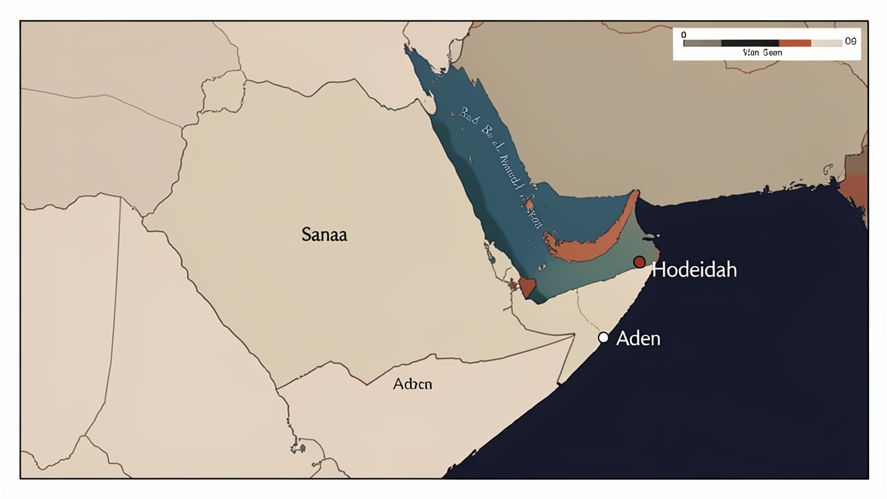 Carte éditoriale sobre du Yémen montrant Sanaa, Aden, Hodeïda, la mer Rouge et le détroit de Bab el-Mandeb, avec des repères visuels sans texte.