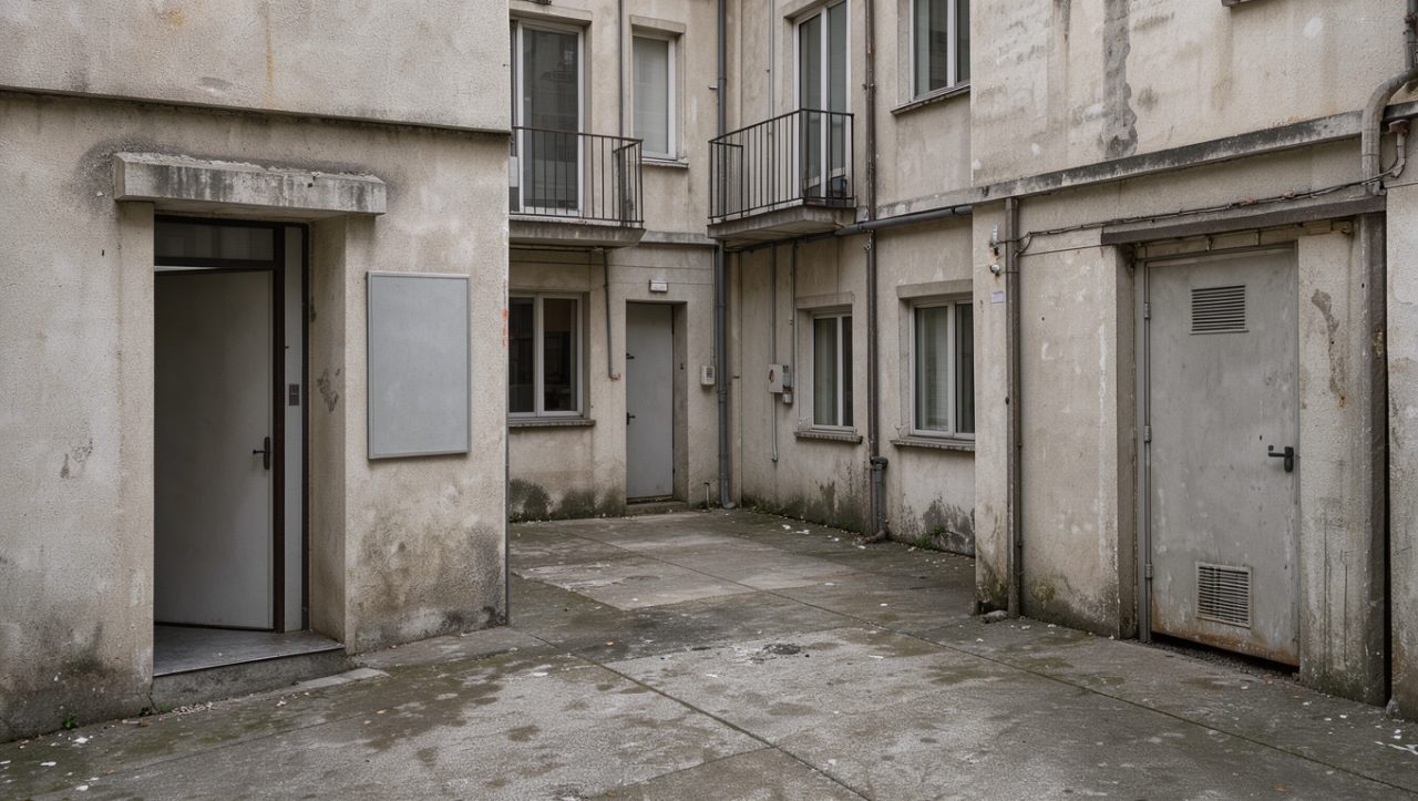 Résidence collective française avec cour intérieure, local à poubelles fermé et panneau d’affichage vierge près de l’entrée, photographiée dans un style réaliste de photojournalisme.